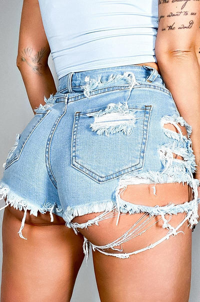 Sexy Ripped Denim Shorts High Waist Irregular Tassel Slim Shorts Jeans